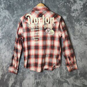 Norton Mens Button-up Motorcycle Flannel Shirt Size Large Plaid Western Snap EUC